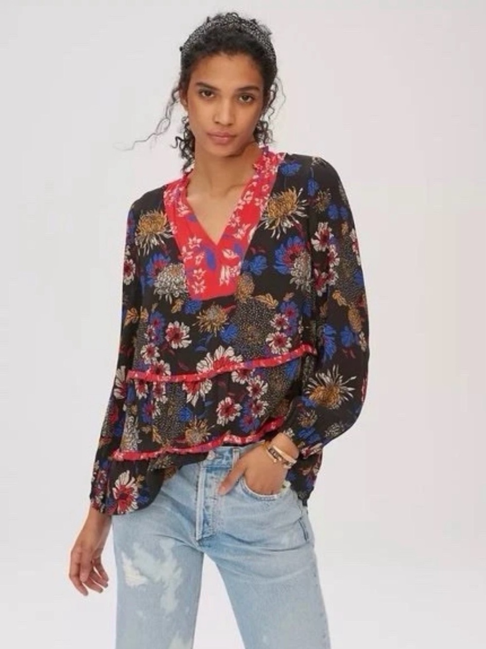 Dolan Left Coast • Anthropologie Floral Tiered Ruffle Blouse • Size XL